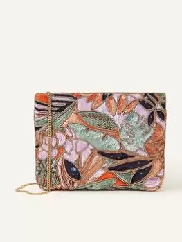 image of Accessorize Palm Print Embellished Zip Top Clutch