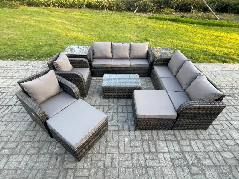 Image of Fimous 10 Seater Rattan Outdoor Garden Furniture Sofa Set Patio Table & Chairs Set with 3 Seater Sofa Reclining Chair 2 Big Footstool 2 Side Tables Da