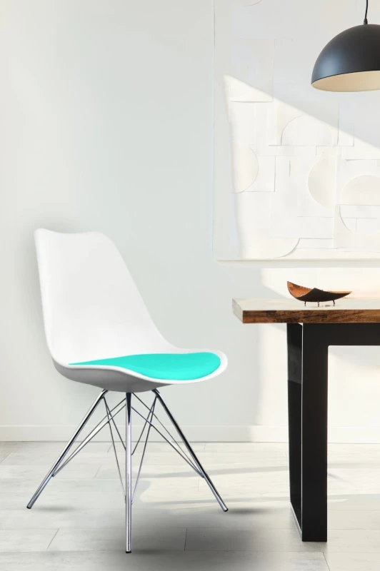 Image of Fusion Living Soho Plastic Dining Chair With Chrome Metal Legs White & Aqua, Blue FL4500