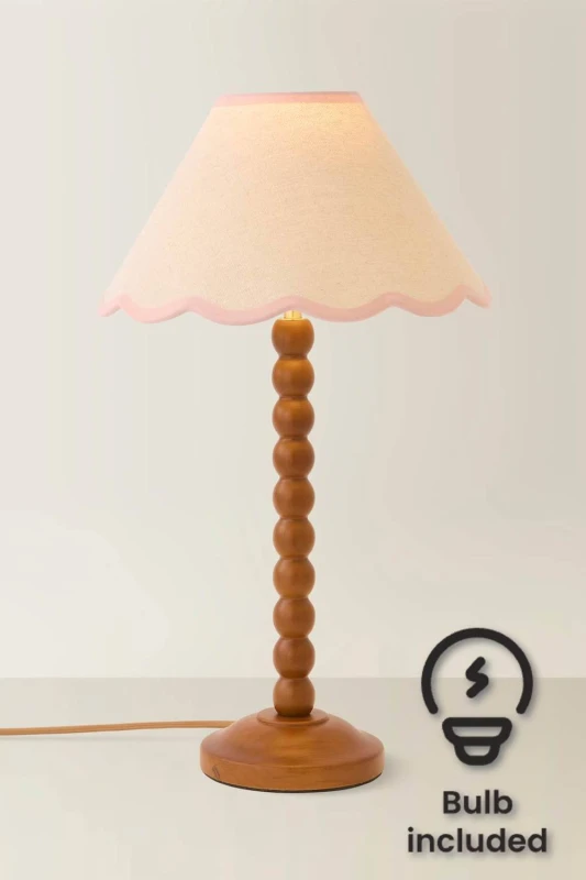 Image of ValueLights Bobbin Colour Trim Linen Shade Walnut Bobble Table Lamp with Bulb in Baby Pink Baby Pink Unisex