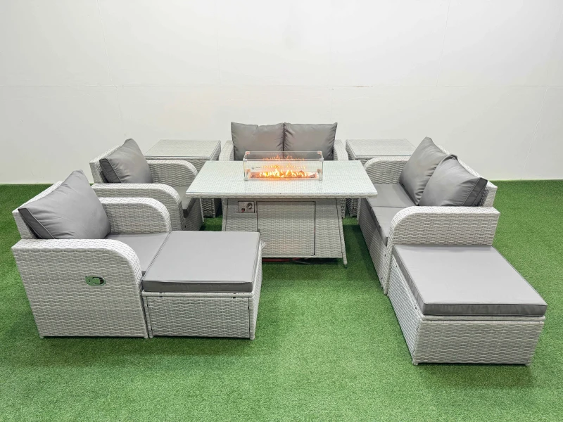 Image of Fimous 8 Seater Outdoor Reclining Chair Love Sofa Set Rattan Garden Furniture Set with Firepit Dining Table 2 Big FootStools 2 Side Table Light Grey