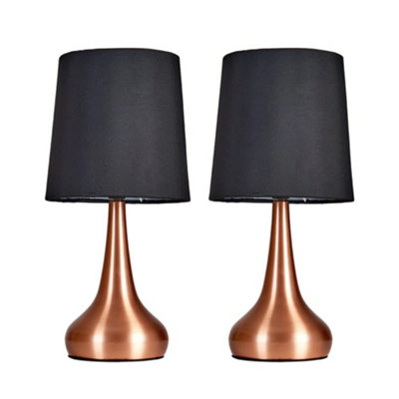 Image of ValueLights ValueLights Teardrop Pair of Black Shades Copper Touch Table Lamps with Bulbs Black One Size Unisex 5059406032141