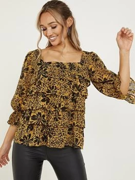 Image of Quiz Mustard Floral Chiffon Tiered Top - 8