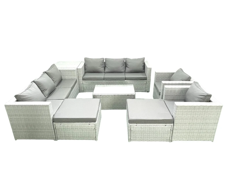Image of Fimous Outdoor Rattan Sofa Garden Furniture Set with 2 Armchairs Oblong Coffee Table 2 Big Footstools Side Table Light Grey Mixed Light Grey