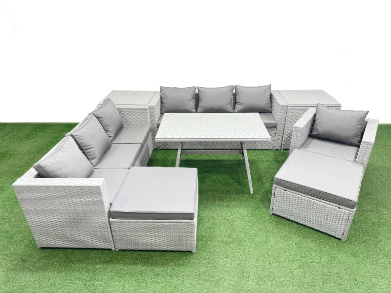 Image of Fimous 9-Seater Patio Rectangular Table 3 Seater Sofa Armchair Set With 2 Side Tables 2 Big Stools