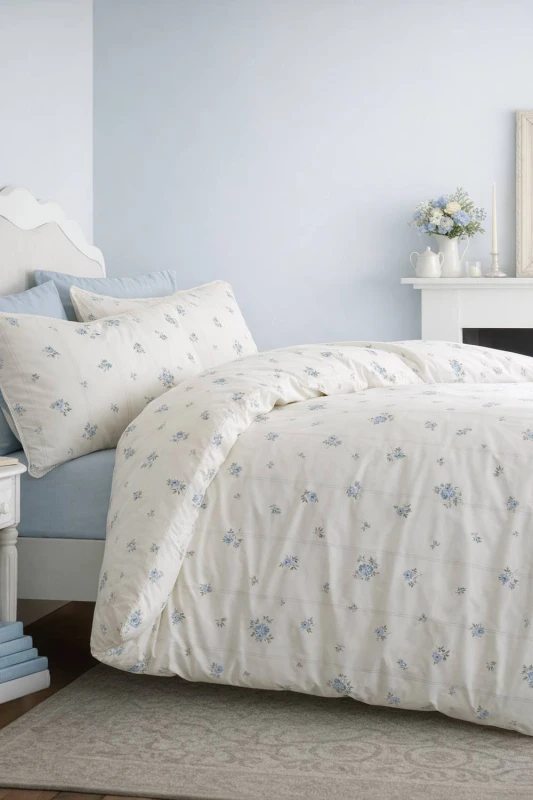 Image of Bianca 'Vintage Rosebud Lace' 200 TC Cotton Reversible Duvet Cover Set in Blue Size: Super King Blue Unisex Super King