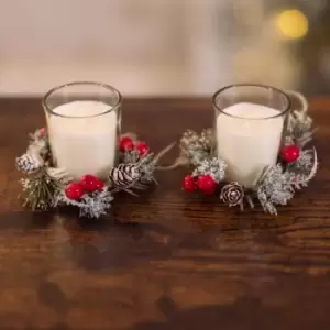 Image of Modern Set of 2 Christmas Market Candle Pot with Wreath Christmas Decorations - Small Wax Candle Holder Tea Light Votive Candle Holder Christmas
