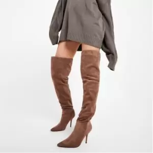 Image of I Saw It First Faux Suede Pointed Toe Stiletto Thigh High Boot - Brown