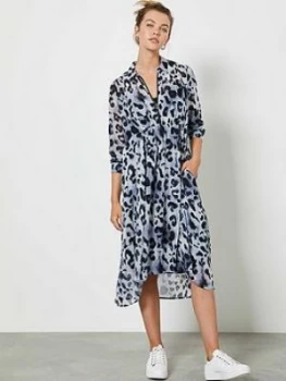 image of Mint Velvet Audrey Animal Print Cocoon Midi Shirt Dress - Blue, Size 10, Women