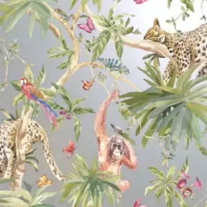 image of Holden Decor Jungle Animals Silver Wallpaper