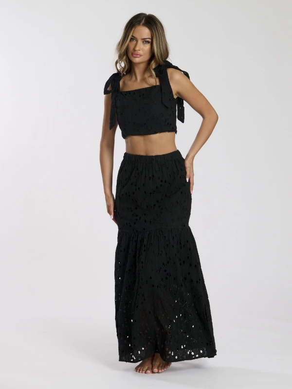 Image of South Beach Womens Broderie Tie Shoulder Top in Black Size: 16 Black Female 16