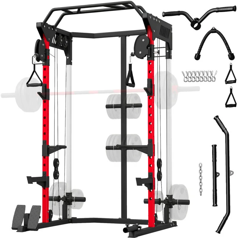 Image of SPORTNOW Power Cage Smith Machine Power Rack with Cable Pulley System in Black Unisex