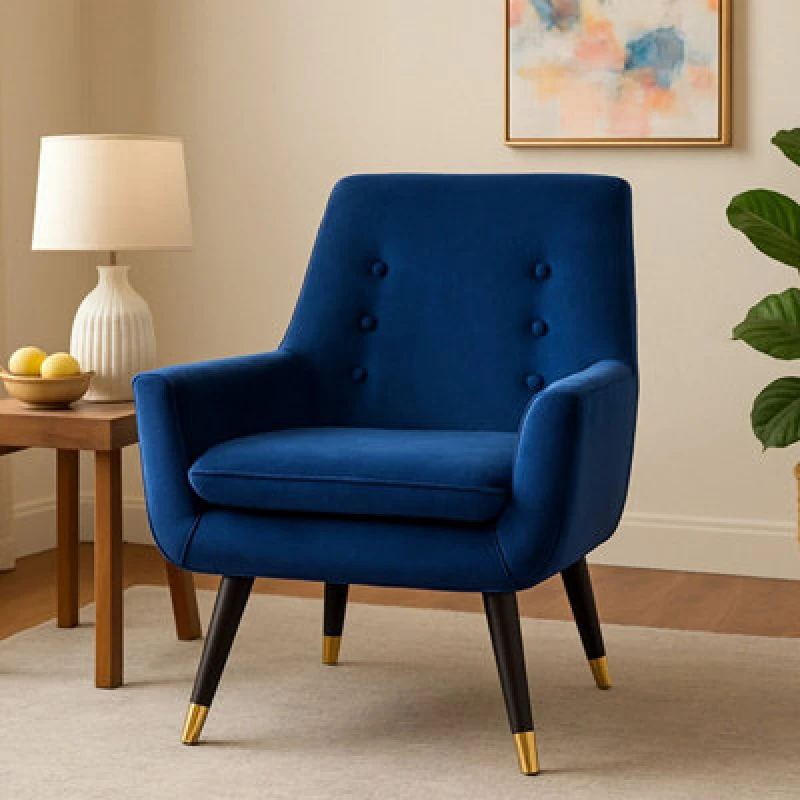 Image of Orsina Stylish Midnight Velvet Armchair, Accent Chair With Slanted Wooden Legs, Modern Midnight Velvet Chair