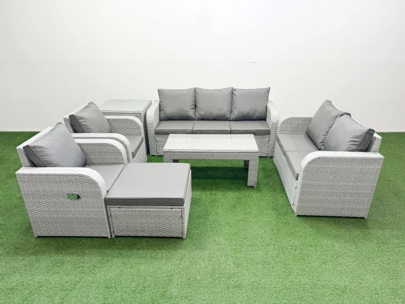 Image of Fimous PE Rattan Garden Furniture Set Adjustable Chair Sofa Double Love Seat 2 Seater Sofa Lounge Set Rectangular Coffee Table Big Footstool Side Tabl