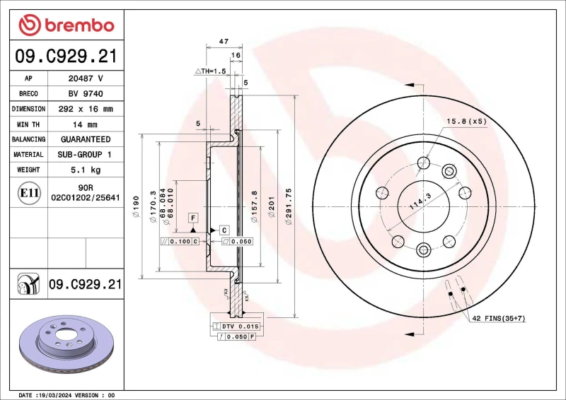 Image of BREMBO Brake disc BREMBO 09.C929.21