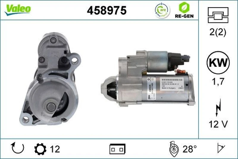 Image of VALEO 458975 Starter motor VALEO RE-GEN REMANUFACTURED STOP&START 1,7kW, 12V Starter (2)