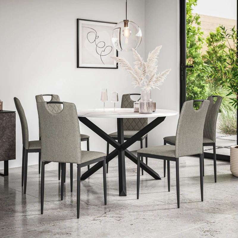 Image of More4Homes Malvern Round Dining Table & Chairs - Marble Table Top w Solid Oak Black Legs + Monza Fabric Dining Chair Set Of 6 in Grey Grey Unisex
