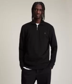 Image of AllSaints Mens Cotton Slim Fit Raven Half Zip Funnel Neck Sweatshirt, Black, Size: XS
