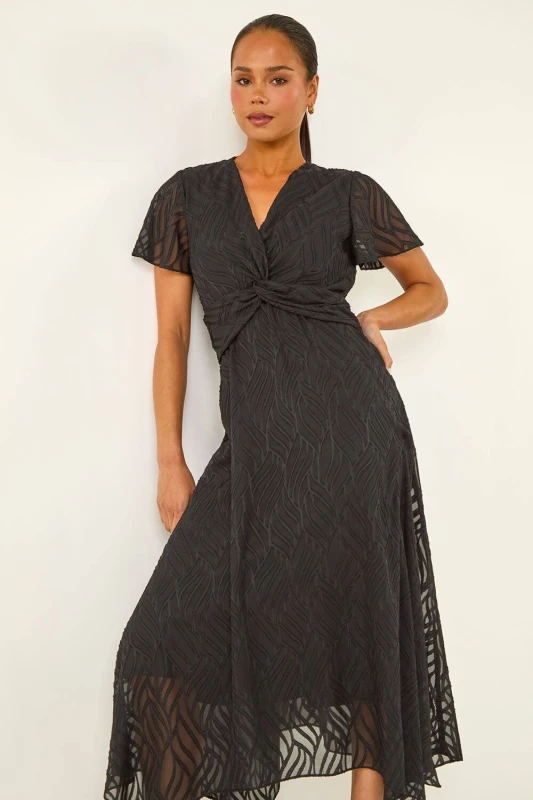 Image of Roman Womens Petite Front Twist Jacquard Dress in Black Size: 14 Black Female 14