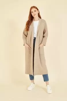 Image of Oatmeal Knitted Maxi Cardigan With Pockets
