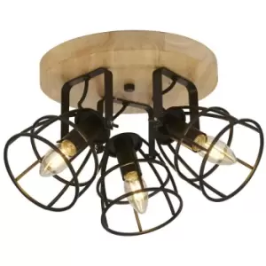 Image of Searchlight Vision 3 Light Cage Round Ceiling Light, Matt Black & Wood