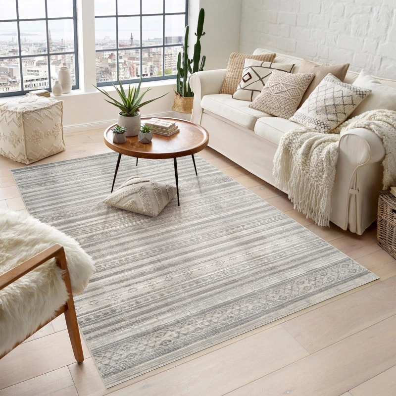 Image of Maia Washable Low Pile Non Slip Motif Traditional Area Rug - Grey, 120 X 180 Cm (Rectangular)