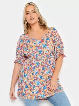 Image of Yours Sweetheart Puff Sleeve Top Pretty Floral, White, Size 16, Women