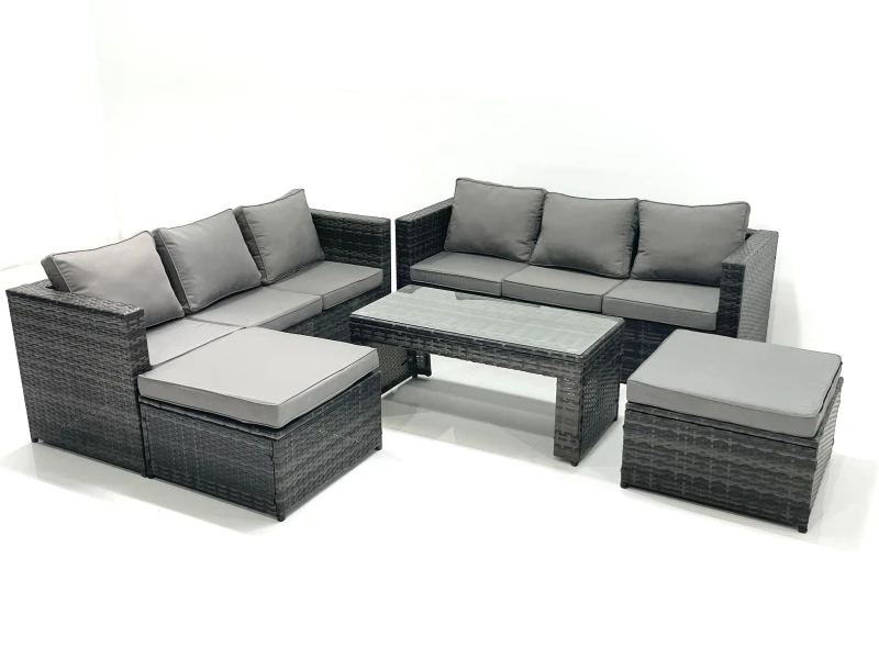 Image of Fimous Garden Outdoor Rattan Furniture Set with Sofa Coffee table 2 Big Footstools Dark Grey Mixed Dark Grey