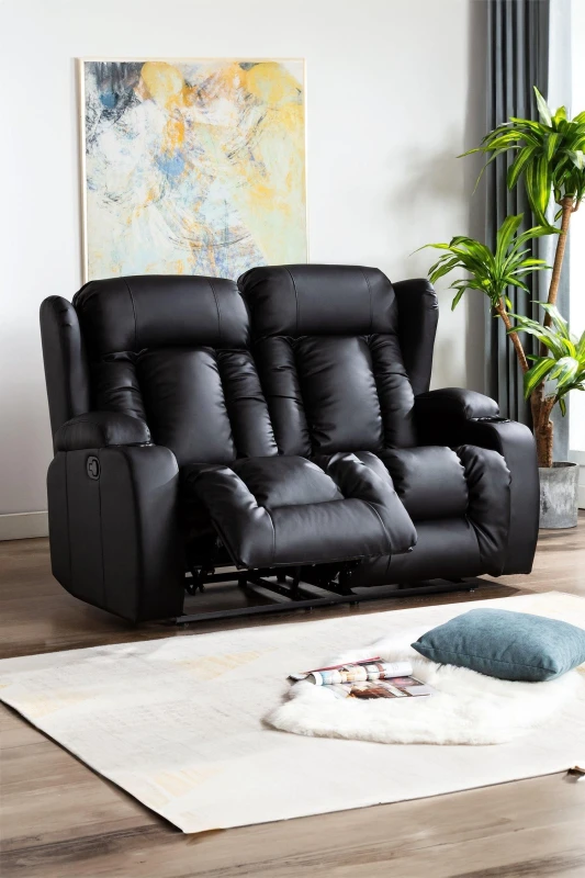 Image of MORE4HOMES More4homes - caesar high back manual bond grade leather recliner 3+2+1 suite sofa armchair set Black 2 seater - Black FUR-RC2-CAESAR-BLACK