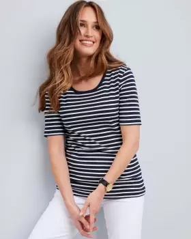 Image of Cotton Traders Womens Wrinkle Free Short Sleeve Scoop Neck Stripe Jersey T-Shirt in Blue