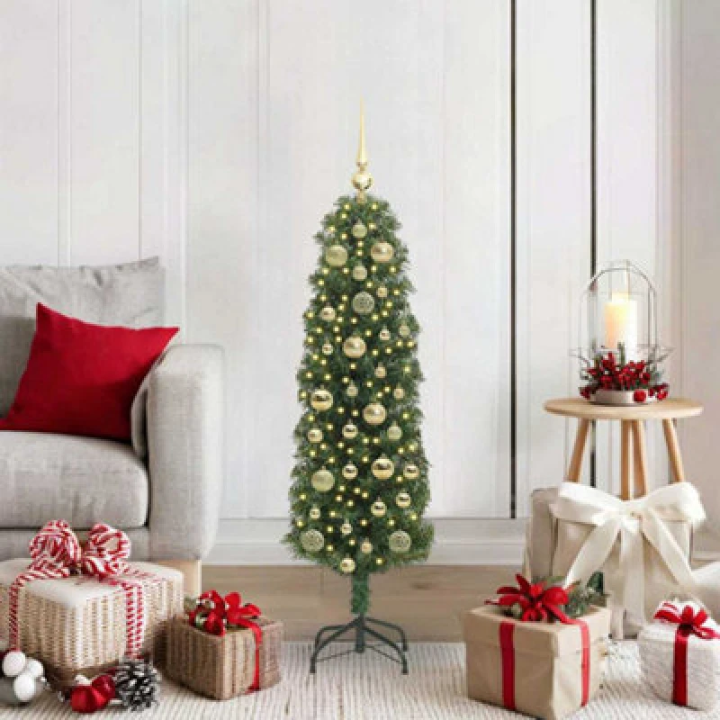 Image of vidaXL Artificial Christmas Tree with 150 LEDs, 150 Gold Balls with Stand Green 120 cm, Green 3394925