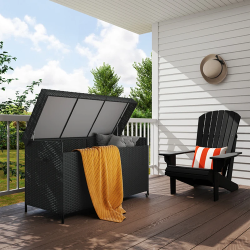 Image of Outsunny 627 L Rattan Garden Storage Box with Gas Lift Lid and Wheels, Black 865-033V00BK