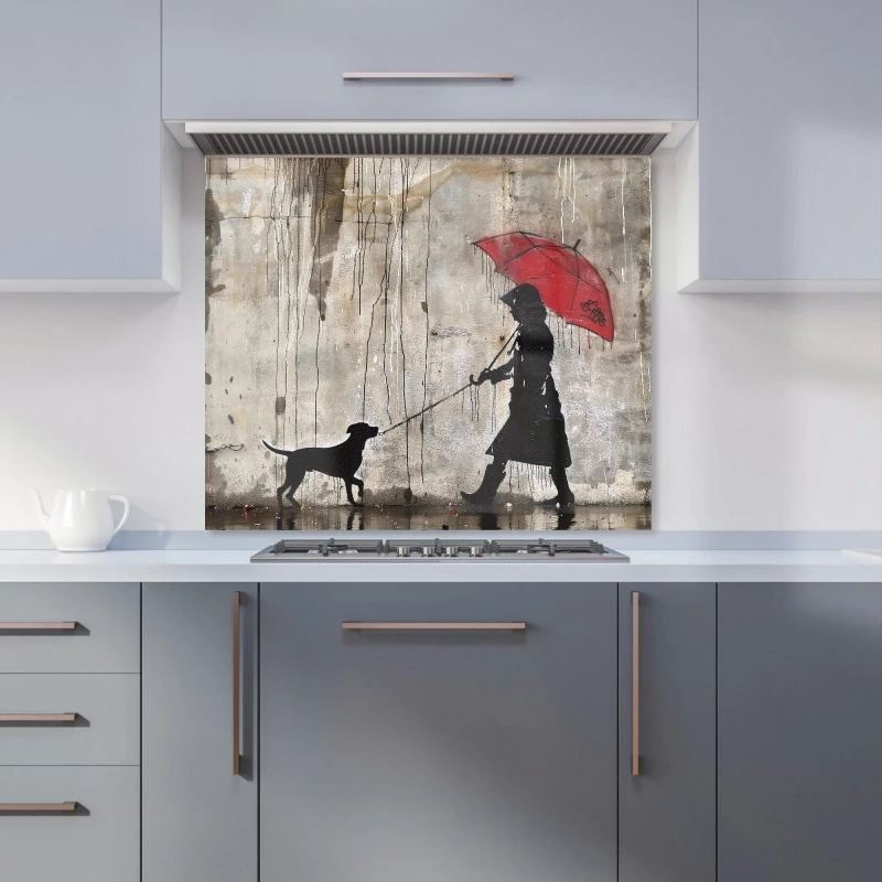 Image of Warren Reed - Designer Rainy Day Walk with Red Umbrella Kitchen Splashback in Yellow Size: 600mm x 750mm Yellow Unisex 600mm x 750mm