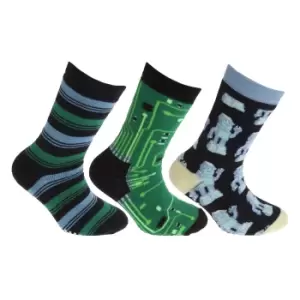 image of FLOSO Childrens/Kids Retro Gripper Socks (3 Pairs) (UK Child 12-3.5 (EU 31-35)) (Green/Navy)