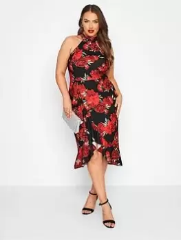 Image of Yours Floral Ruffle Wrap Choker Dress, Black, Size 16, Women