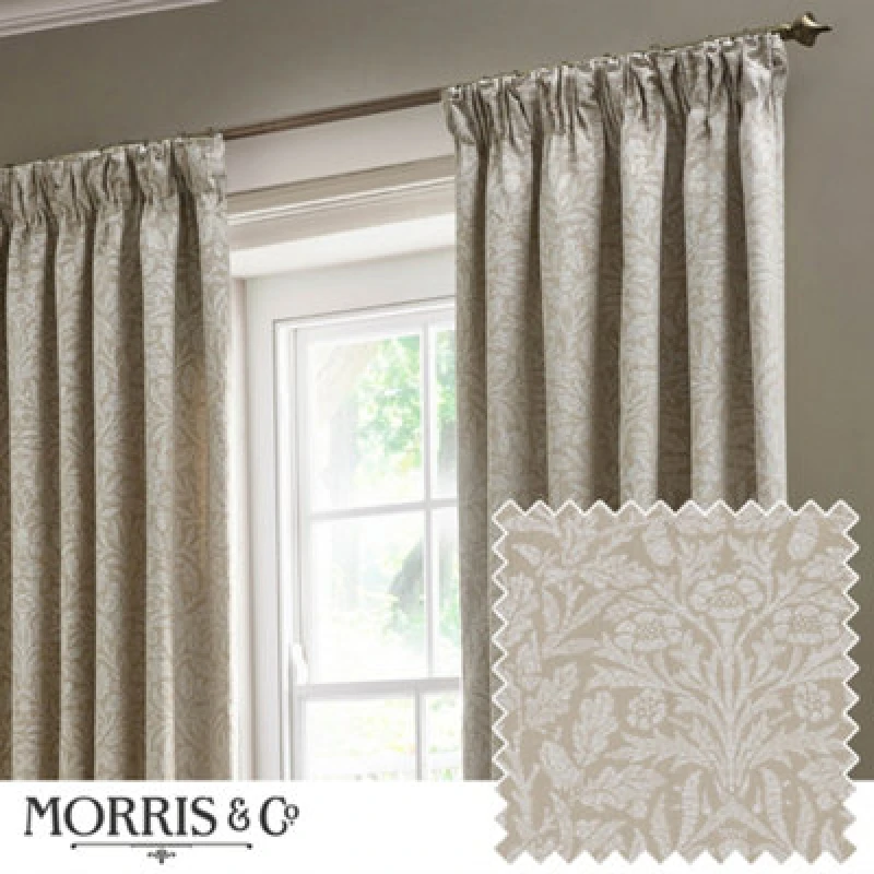 Image of Morris & Co Acorn Tonal Matt Jacquard Room Darkening Pencil Pleat Curtain Pair Linen (W)117Cm X (D)137Cm