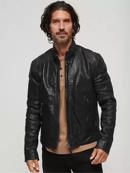 Image of Superdry Leather Racer Jacket - Black, Size 2XL, Men
