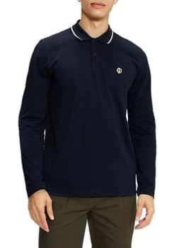 Image of Ted Baker Long Sleeve Embroidered Logo Polo Shirt - Navy, Size 3, Men