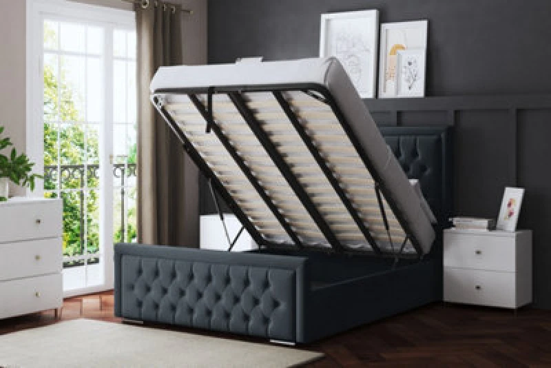 Image of DS LIVING Allegra Steel Upholstered Bed With Ottoman Metal Gas Lift Single AM_HILTONOB_SIN_ST