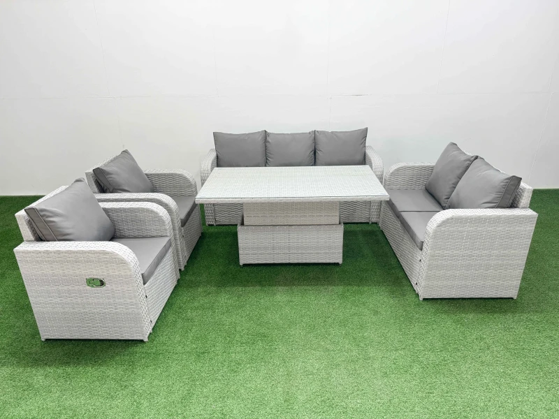 Image of Fimous PE Rattan Garden Furniture Set Reclining Chair Sofa Double Love Seat 2 Seater Sofa Lounge Set Adjustable Lifting Dining or Coffee Table Light G