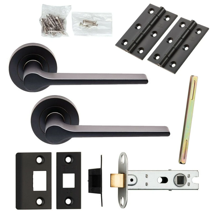 Image of Loops Door Handle & Latch Pack Matt Black Straight Rounded Bar Screwless Round Rose Black