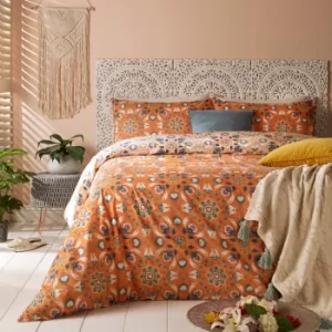 Image of Furn. Folk Flora Orange Reversible Duvet Cover and Pillowcase Set Orange and Yellow