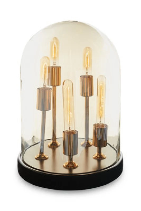 Image of Orsina Amber Glass Dome Table Lamp, Antique Wood Base With Brass Holders, Elegant Cylindrical Bulb Design