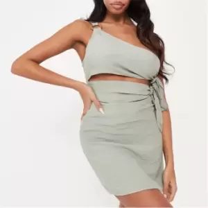 image of Missguided Textured One Shoulder Cut Out Beach Cover Up Mini Dress - Green