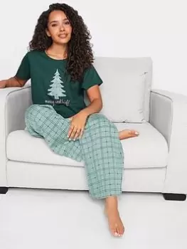 image of M&Co Heart Check Wide Leg Pyjama Set - Green, Size 10-12, Women