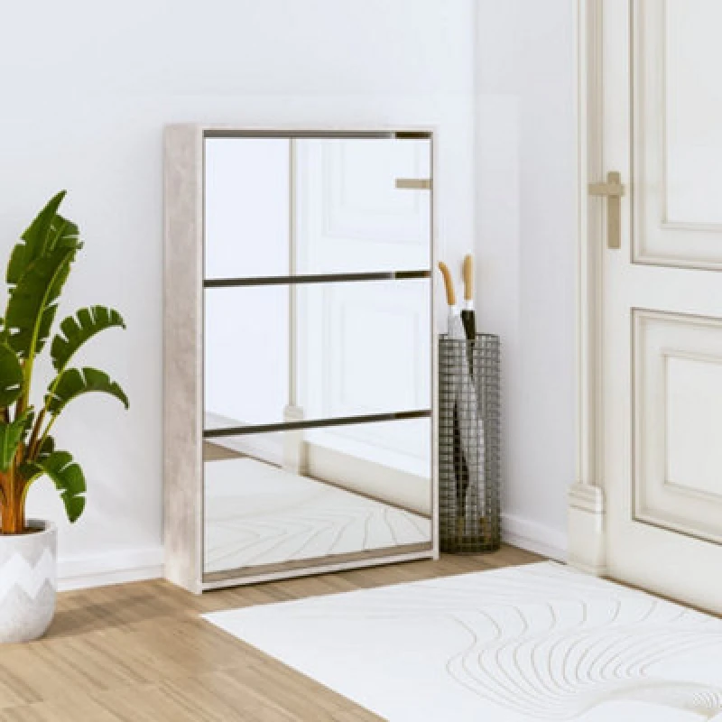Image of Vidaxl Shoe Cabinet With Mirror 3-Layer Concrete Grey 63X17X102.5 Cm