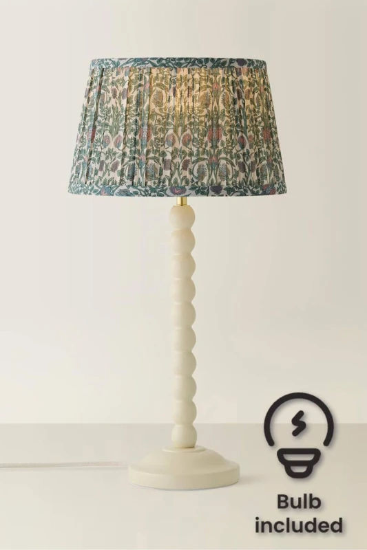Image of ValueLights Bobbin Floral Printed Pleated Shade Cream Bobble Table Lamp with Bulb in Dark Green Dark Green Unisex