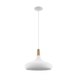 Image of Pendant Ceiling Light Colour White Wide Shade Brown Wood Bulb E27 1x60W
