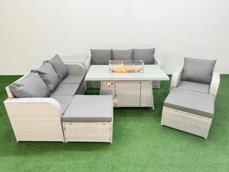 Image of Fimous 9 Seater Poly Rattan Outdoor Garden Furniture Firepit Dining Table Sofa Set Patio 3 Seater Sofa Reclining Chair 3 Seater Sofa 2 Big Footstools