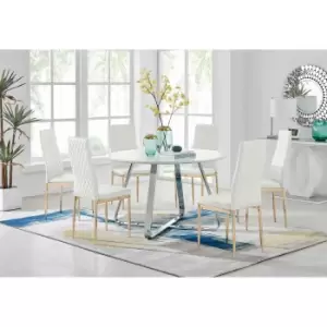 Image of Furniture Box Santorini White Round Dining Table and 6 White Gold Leg Milan Chairs